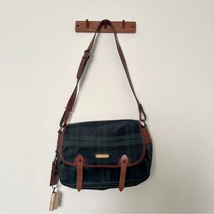 Vintage Polo Ralph Lauren Green tartan plaid leather messenger crossbody bag